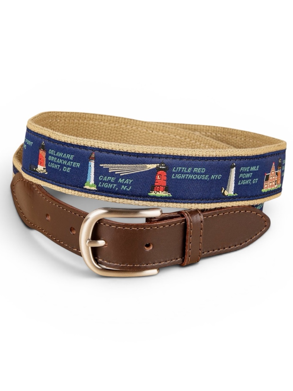 The Belted Cow Lighthouse Belt Men’s 42 Leather & Canvas Preppy East Coast Light